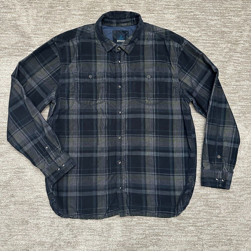 Prana Shirt Mens XXL Blue Plaid Dooley Corduroy Organic Cotton Outdoor Hiking